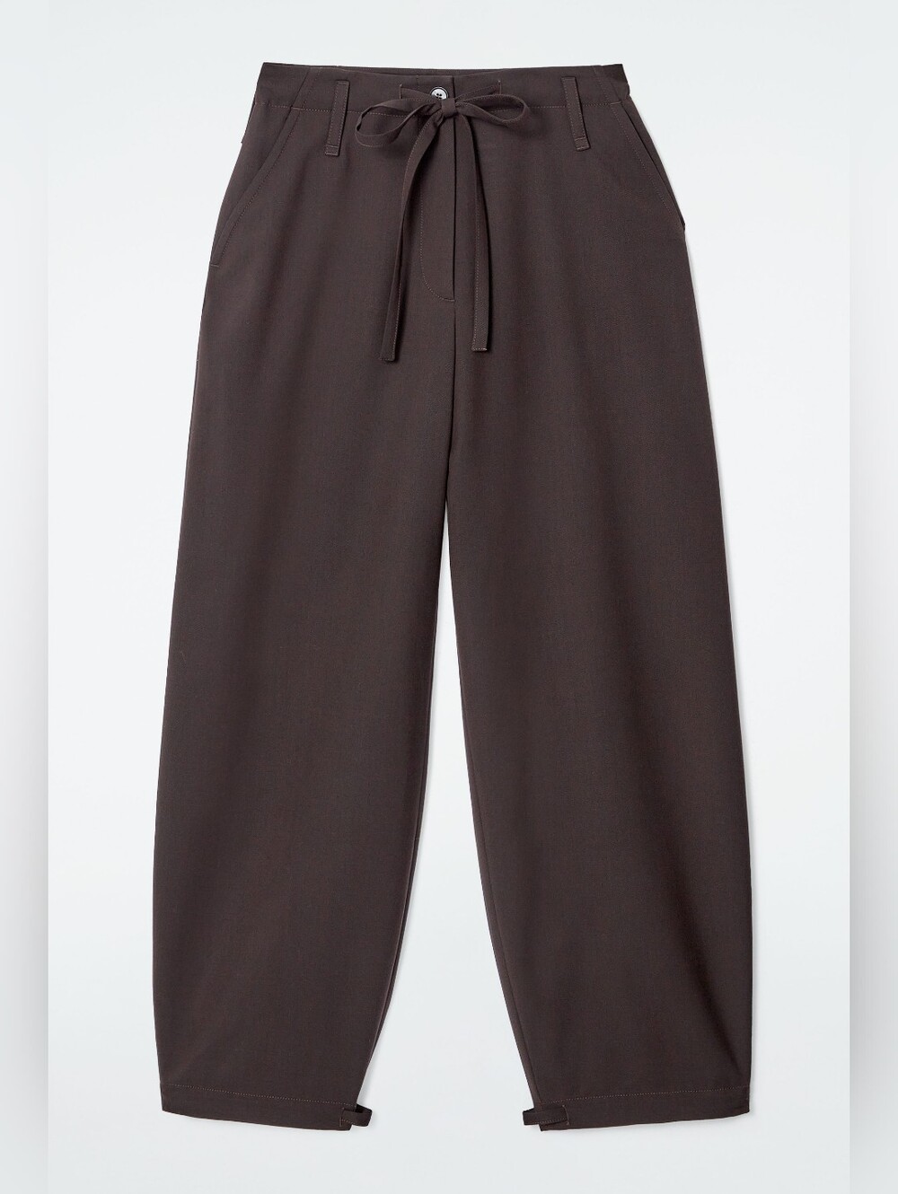 COS Drawstring Twill Wool Blend Barrel Leg Trousers Dark Brown Size 12